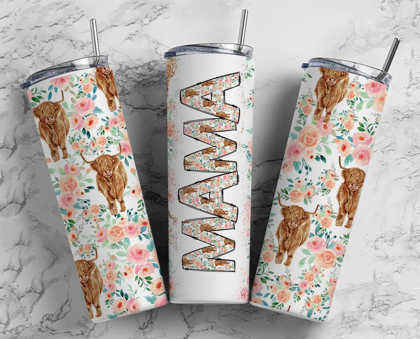 MAMA/Cow & Florals/20oz holographic Sublimation Tumbler